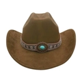 Classic brown western cowboy hat in suede with turquoise stone and ethnic woven band - One Size / Oval Blue Stone Decoration / Army Green