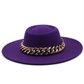 Detail view of purple wool felt fedora featuring a thick gold chunky metal chain link - M (56-58cm) / Purple