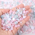 Mixed pastel half round pearls and resin rhinestones for DIY nail art and phone cases - Half-circle Pearl Pink White And Blue Series #a02 / 30 g