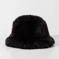 Detailed texture of thick black faux fur on a warm winter bucket hat for women and men - M (56-58cm) / Black