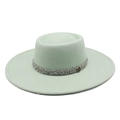 Detailed view of mint green wool felt fedora with rhinestone band and gold M logo buckle - M (56-58cm) / M Label Rhinestone Fedora (CZY-101) / Mint Green