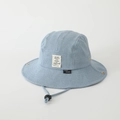Detail of light blue denim kids bucket hat with adjustable black windproof chin strap - 52cm (2-5 Years) / Square Label - Light Blue