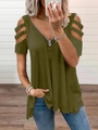Detail of waffle knit fabric on army green short sleeve tee with zipper V-neck and cold shoulders - Army Green