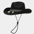 Close-up of black straw cowboy hat featuring ethnic woven band with shells and tassels - One Size / Black