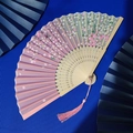 Japanese style pink and purple gradient folding fan with cherry blossom pattern and pink tassel - Pink Purple Gradient Cherry Blossom