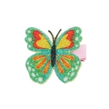 Close-up of glittery butterfly hair clip with colorful wings and pink ribbon wrapped base - Green