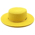 Flat top straw sun hat in bright yellow with wide brim and golden ring band detail - M (56-58cm) / Yellow