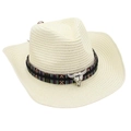 Detail of western cowboy straw hat with bohemian woven band and silver bull skull ornament - Cream