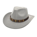 Classic grey felt cowboy hat with leather braided band and metal buckle in a 45-degree view - M (56-58cm) / Light Gray