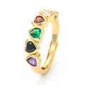Chic gold ring featuring five multicolor heart-shaped zircons on a polished band - Gold Plated Colorful Zircon
