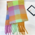 Colorful plaid mohair scarf with tassels in vibrant purple pink orange and blue tones - Yellow Green Purple Rainbow