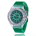 Fashionable green silicone strap quartz watch with rhinestone bezel and transparent case - Green