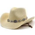 Chapeau de cowboy en paille avec bande métallique argentée et cordelette réglable - M(56-58cm) / Beige