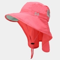 Detail of pink kids sun hat featuring a wide brim, neck flap and breathable grey side mesh - 50-56cm / Watermelon red