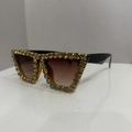 Oversized cat-eye sunglasses featuring gold rhinestone embellishments and brown gradient lenses - Black Leopard Double Tea