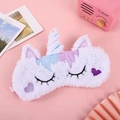 White unicorn plush eye mask with lavender patterns and black eyelash embroidery - Fringe Unicorn with Purple Horn