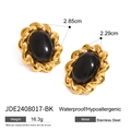 Gold-plated stainless steel oval earrings with black agate stone inlays for women - Oval Black Stone Style (JDE2408017-BK)
