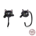 925 sterling silver black cat ear cuffs featuring vivid green eyes and pink inner ears - 1.9g / Large Black