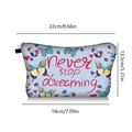 Detailed view of butterfly makeup bag with Never Stop Dreaming quote and size labels - Never stop dreaming (jiaying25)