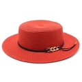 Dettaglio cappello di paglia rosso con catena dorata e trama intrecciata finemente - M (56-58cm) / Rosso