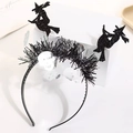 Halloween headband featuring glittery witch silhouettes and white translucent skull motifs - Witch Silhouette Skull Tinsel