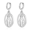 Minimalist silver stainless steel hoop earrings with embossed Virgin Mary pendant charms - Goddess (MS-688) / Steel