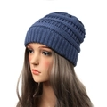 Classic navy blue cable knit beanie hat for women featuring a warm ribbed texture - Denim Blue