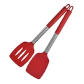 Red silicone kitchen utensils set featuring solid and slotted turners with metal handles - Solid and Slotted Spatulas (Adhesive Bag) / Red