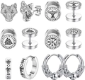 Viking style silver stainless steel earring set with wolf head and rune totems - Silver Viking Wolf Head Rune Combination (36042)