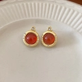 Macro detail of vintage gold stud earrings with carnelian stone and small crystals - Gold Brushed Red Agate Rhinestone Premium Stud Earrings (7# Silver Needle-Gold)