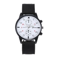 Close-up of Geneva quartz watch featuring a black nylon strap and white dial detail - Black Case Red Markers White Dial
