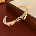Minimalist double-layer geometric gold-plated wave bangle with pearlescent shell inlay - Mother-of-Pearl Texture Wave (HB437) / Gold/Off-white