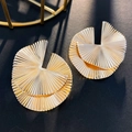 Detail of fan-shaped golden metal earrings with fine radial pleated textures - Fan Pleated Geometric KC Gold (2495)