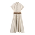 Abito chemisier beige a maniche corte effetto lino con colletto a rever e cintura - XS / Cachi