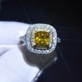 Detailed close-up of a square yellow gemstone ring with double halo diamond setting - Adjustable Open / No.5-Cushion Yellow Stone