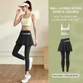 Set yoga da donna con gilet verde salvia e gonna pantalone nera ad alta elasticità fitness - S / Set Due Pezzi (Reggiseno + Leggings Gonna) / Verde Pallido + Nero Stellato