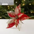 Red and gold 28cm Christmas poinsettia with glitter mesh petals and long stem - Red