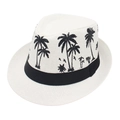 Panama straw trilby hat with black palm tree and bird prints for beach vacations - M (56-58cm) / White with Palm Tree Pattern
