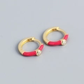 Rose red enamel huggie hoop earrings with clear zircon in a gold-plated finish - Gold Base Red