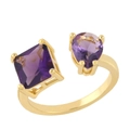 Gold open geometric ring featuring square and pear-cut purple zircon stones on white background - Adjustable Open / Purple