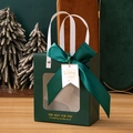 Deep green luxury gift bag with transparent window, large satin bow, and gold wedding tag - Dark Green + Wedding Tag
