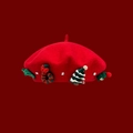 Red wool felt Christmas beret with festive tree, glove, and candy cane decorations - M (56-58cm) / Cane Santa Red
