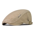 Detail of khaki cotton flat cap featuring diamond quilting and adjustable metal strap buckle - Adjustable / Khaki