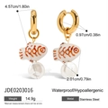 Waterproof stainless steel drop earrings with white fish pendant and oversized pearl charm - Painted Fish with Pearl