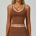 Brassière de sport sans couture marron avec bordure contrastée blanche et col en V - Brun Thé de Bouleau