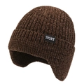 Dark brown ribbed knit trapper hat with earflaps and sport logo label for winter warmth - One Size / Coffee
