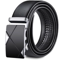 Men's black leather belt featuring a sleek silver automatic buckle on a clean white background - Silver Double Triangle Buckle / 120cm