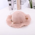 Detail of pink straw sun hat for girls with wavy brim and delicate flower ribbon trim - S (50-52cm) / Light Pink-Hat