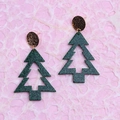 Asymmetric Christmas tree earrings with green glitter finish and golden round studs - Drop Earrings / Green Hollow Christmas Tree