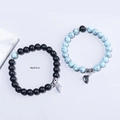 Magnetic couples bracelets set with black matte beads, blue stone, and heart charm - Sky Blue Turquoise & Black Matte - Magnetic Heart